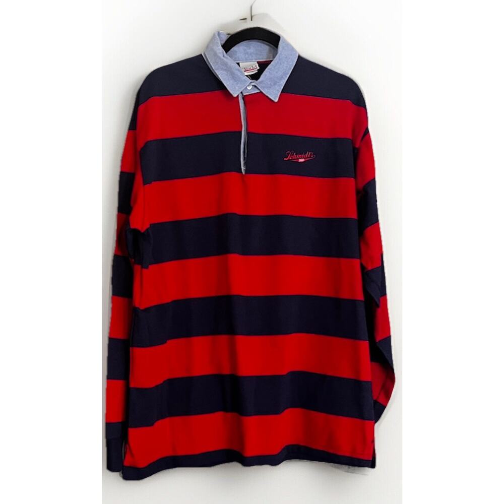 Vintage Todd Schmidt’s Beer Logo Striped Rugby Shirt size L Made In USA